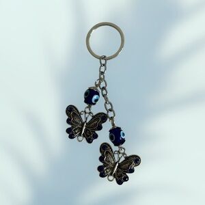 Butterfly Keychain with Evil Eye Beads Silver/Blue/White